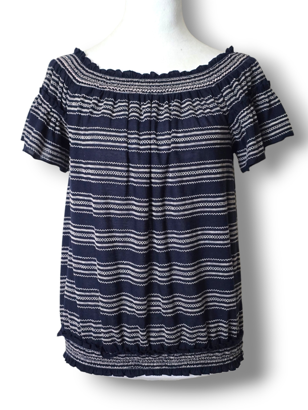NWT Max Studio Striped Smocked Off Shoulder Navy Blue Peasant Top - Size XS